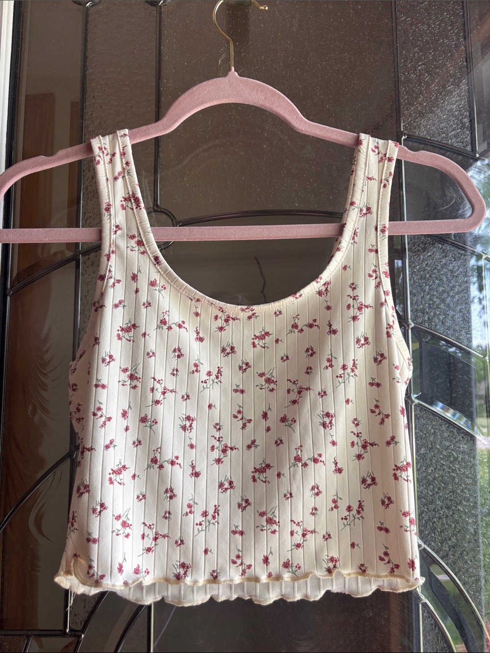 Cream Floral Ribbed Tank Top with Pink Flowers